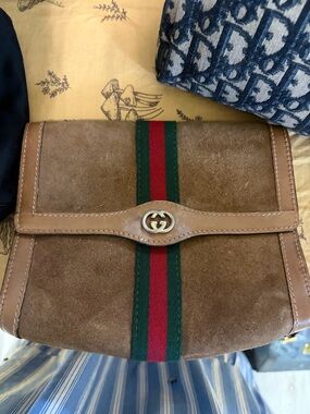 Gucci Brown Suede Messenger Bag with Green-Red Web Stripe